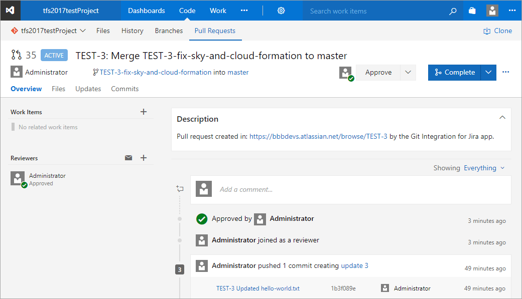 TFS portal showing pull request approved and ready for merge