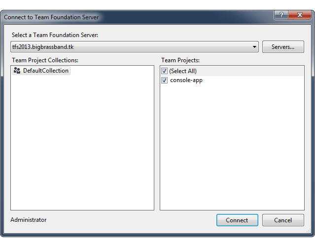 Dialog showing VS IDE - TFS integration.