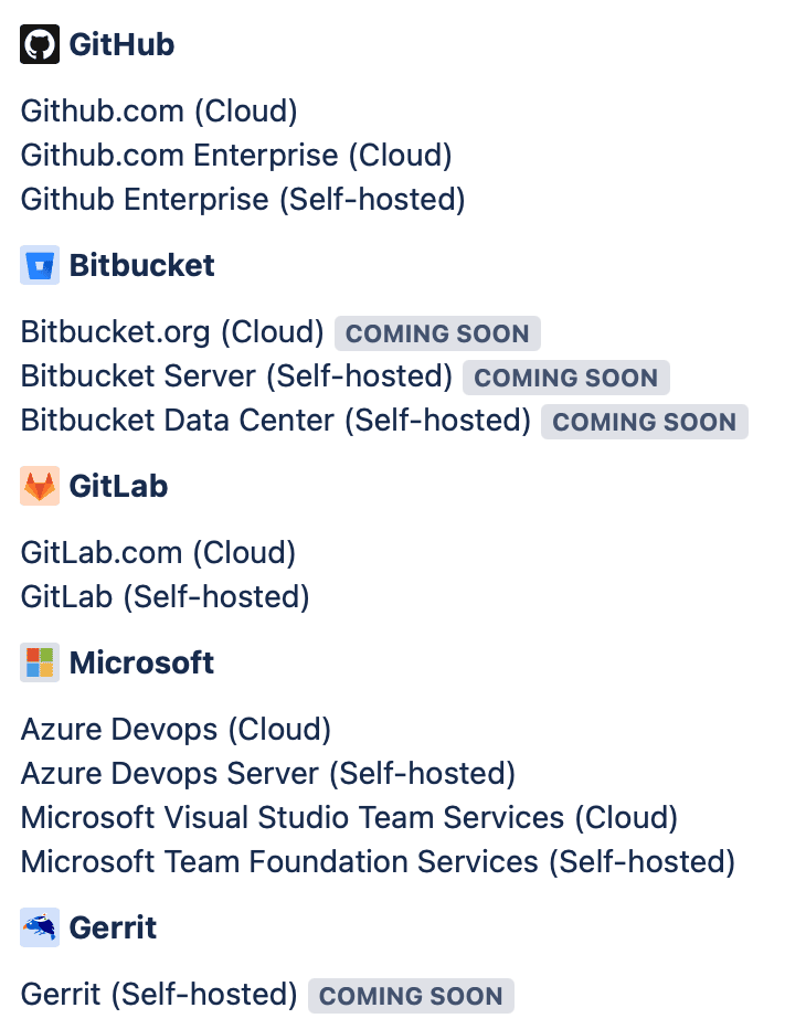 Shows the list of supported git host services