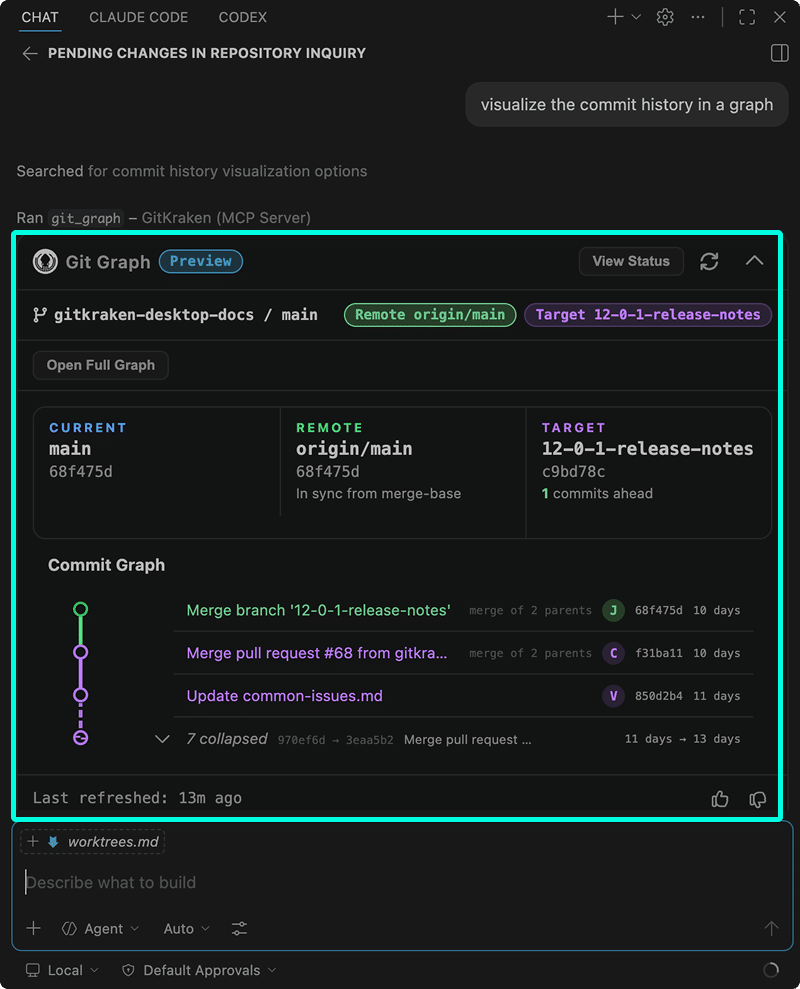 GitKraken MCP Git Graph app showing branch comparison panels and commit history.