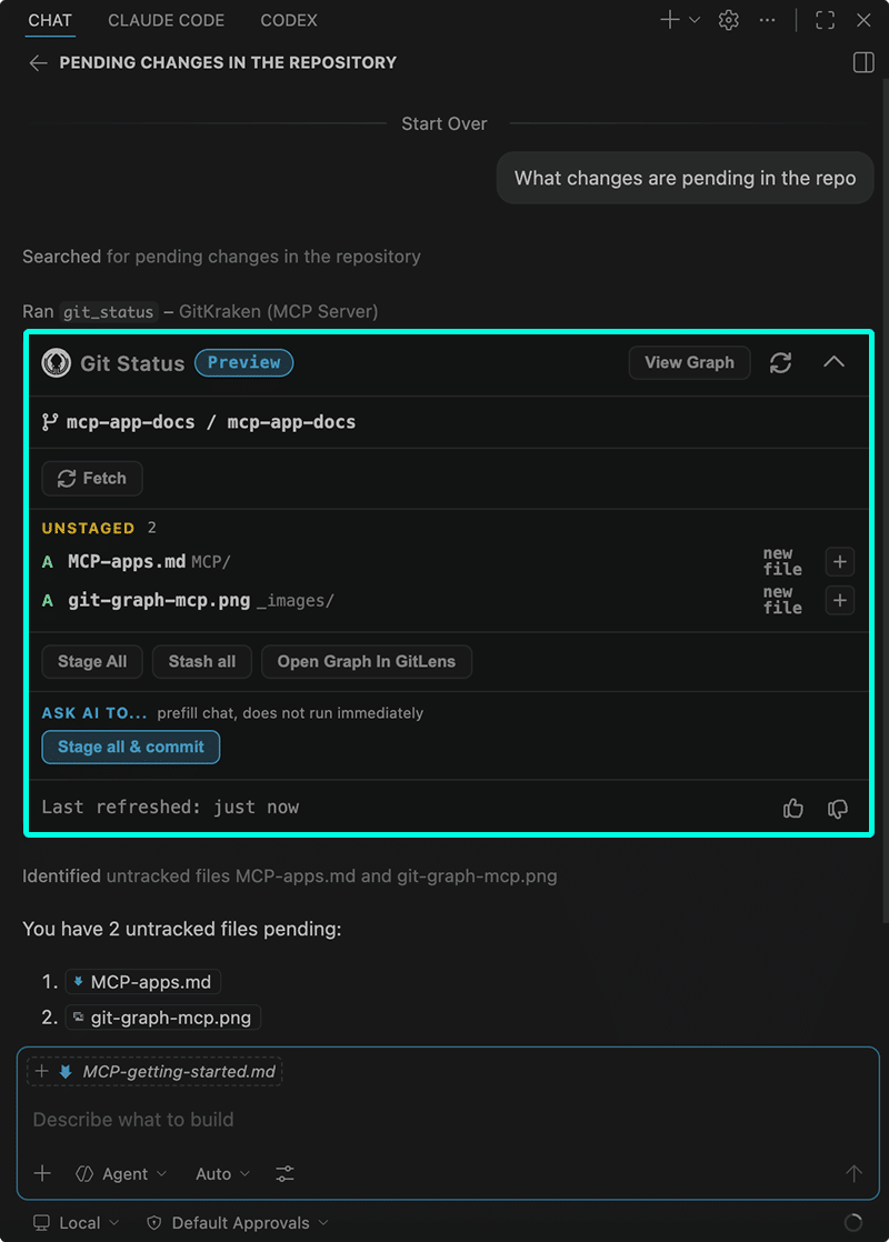 GitKraken MCP Git Status app showing unstaged files with stage, stash, and fetch actions.