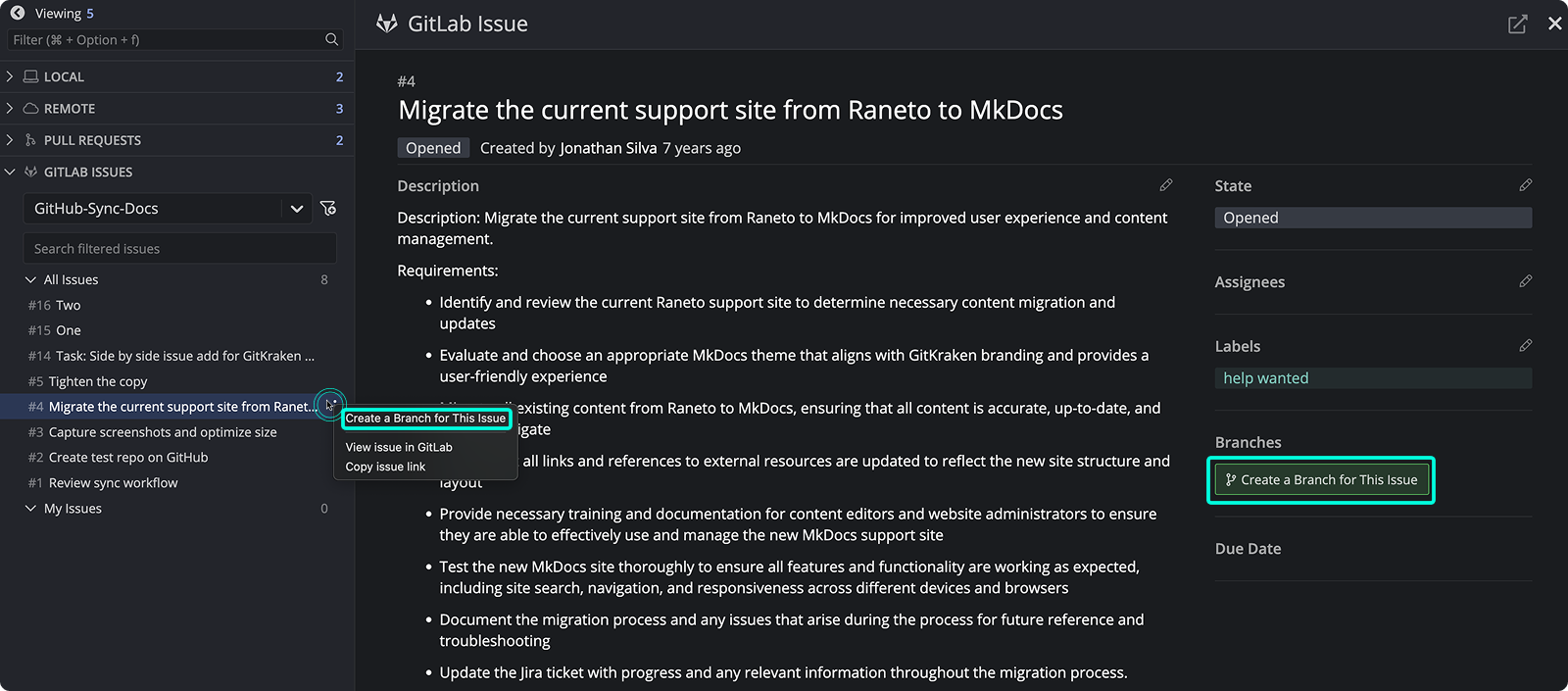 Create branch from GitLab issue