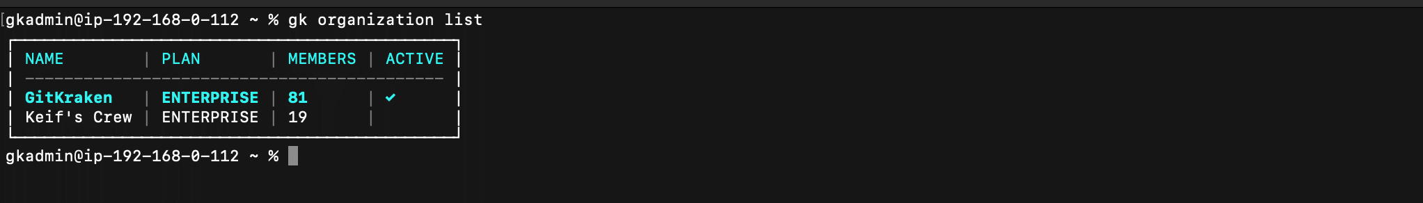 Organization list view in GitKraken CLI