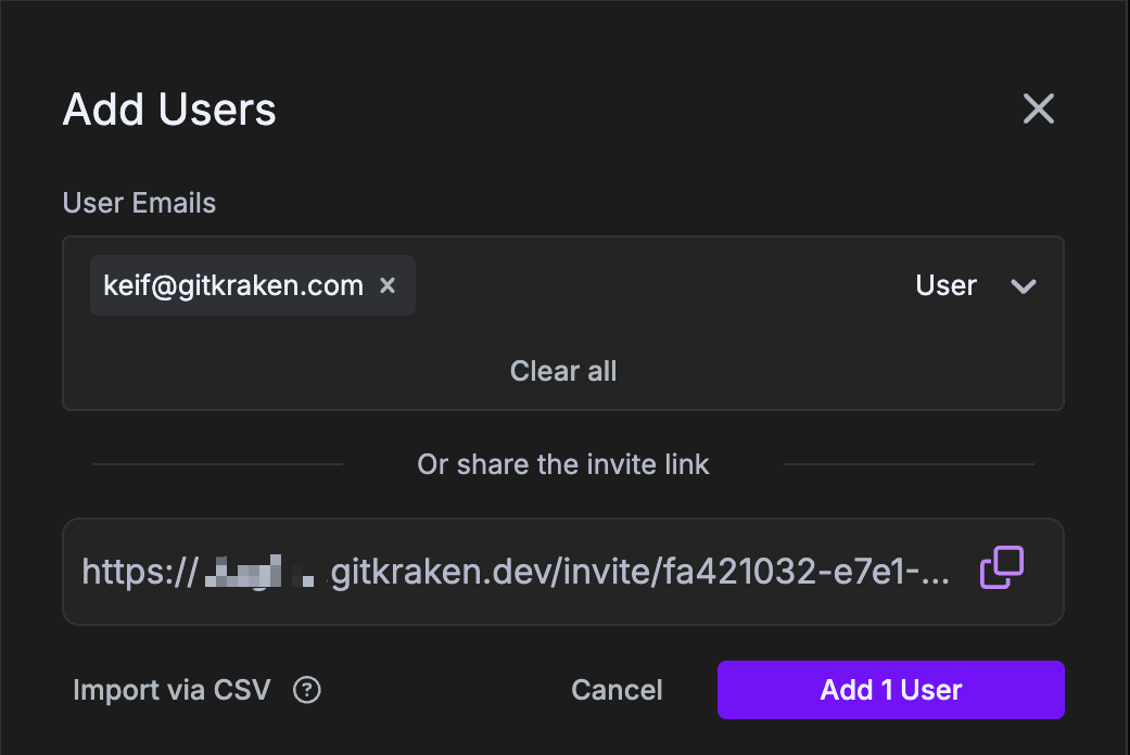 Add users modal with email and role fields
