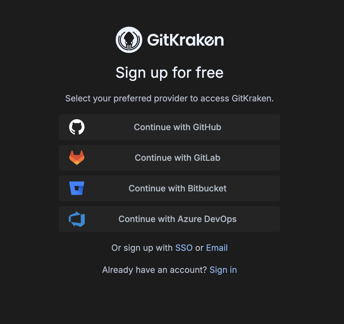 GitKraken login options screen