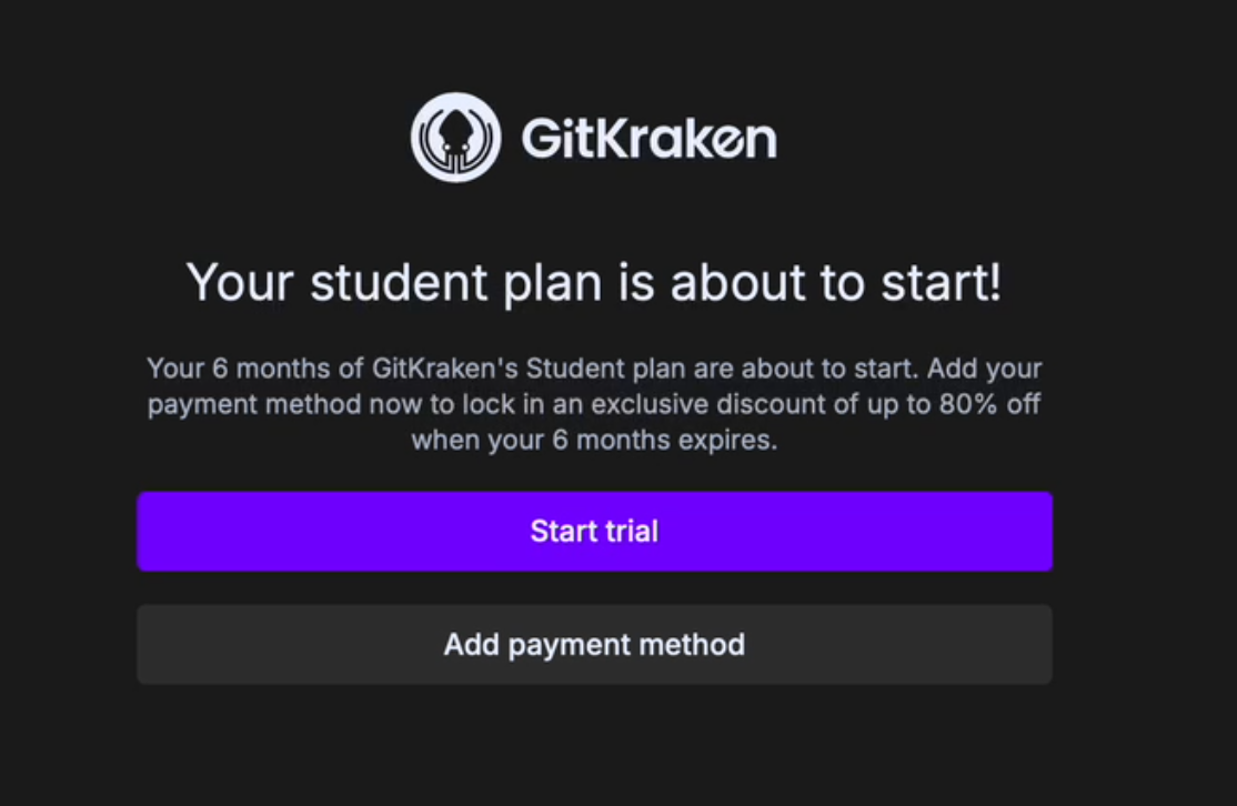 Start trial button on GitKraken.dev/student
