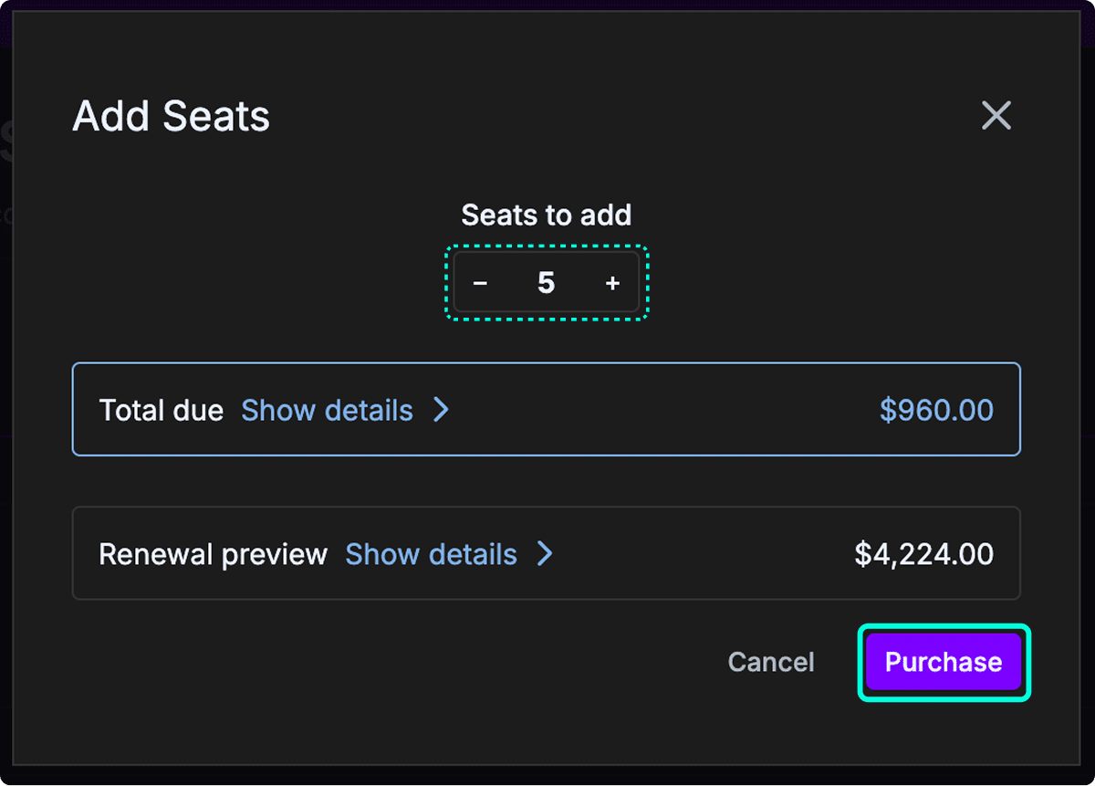 Modal window for selecting license quantity and price preview