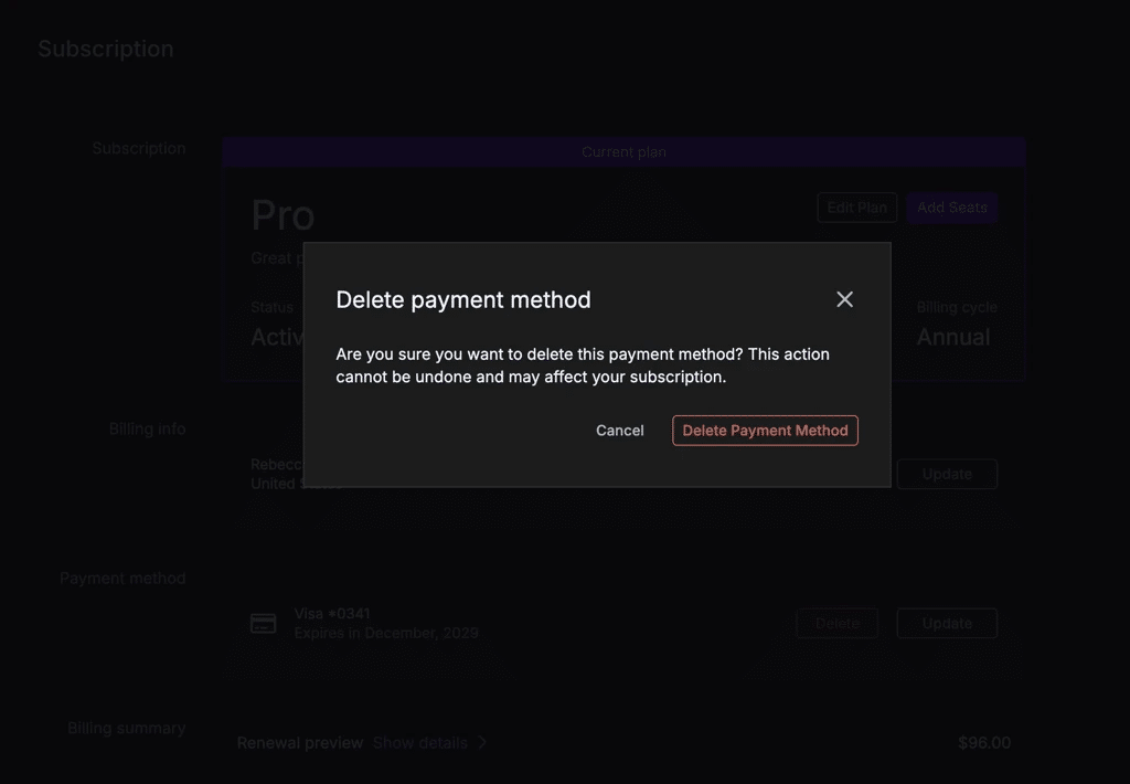 Delete payment method confirmation dialog