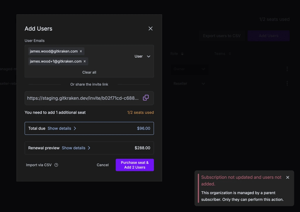 Add Users dialog showing restriction for reseller-managed organizations