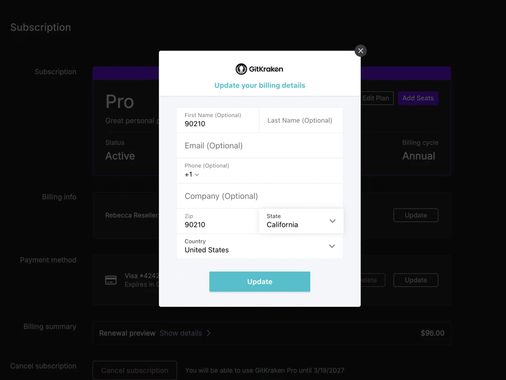 Update billing information form for resellers