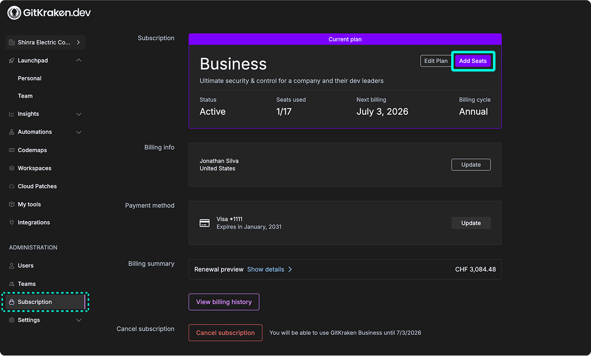 Subscription page with Add Seats button highlighted