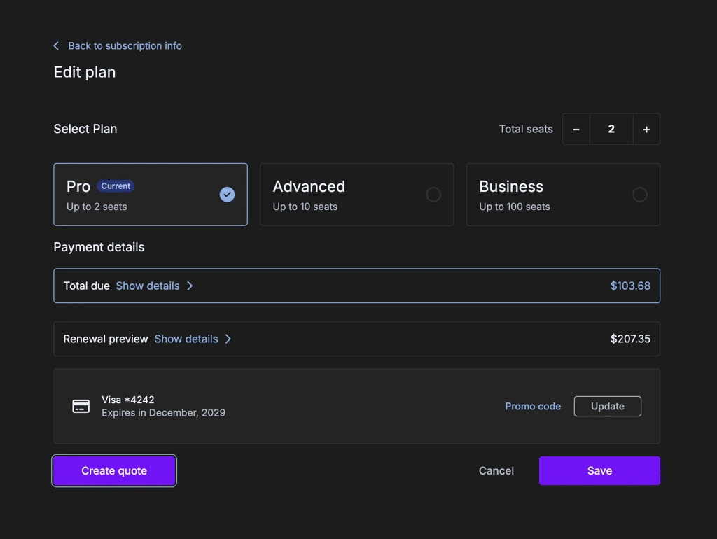 Edit Plan page showing the Create quote button