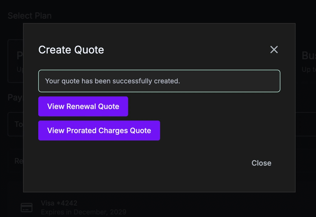 Quote created successfully with links to view quotes