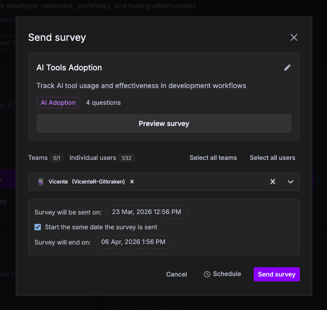 Schedule survey dialog for setting a future send date and time