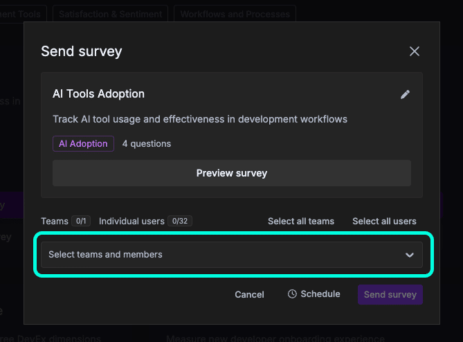 Send survey dialog showing team and individual user recipient selection options