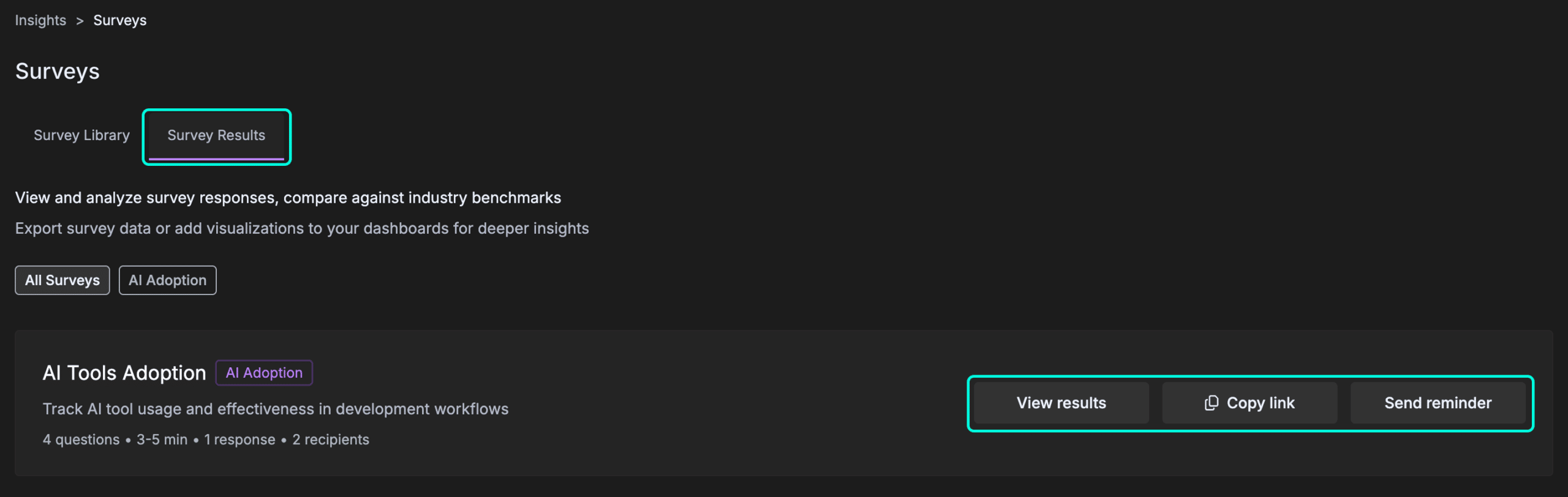 Survey Results tab showing sent surveys with response counts and available actions