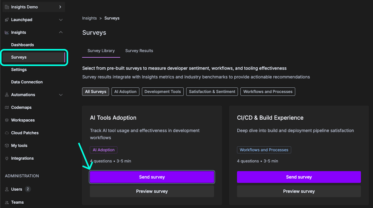 GitKraken Insights Survey Library showing available pre-built surveys organized by category
