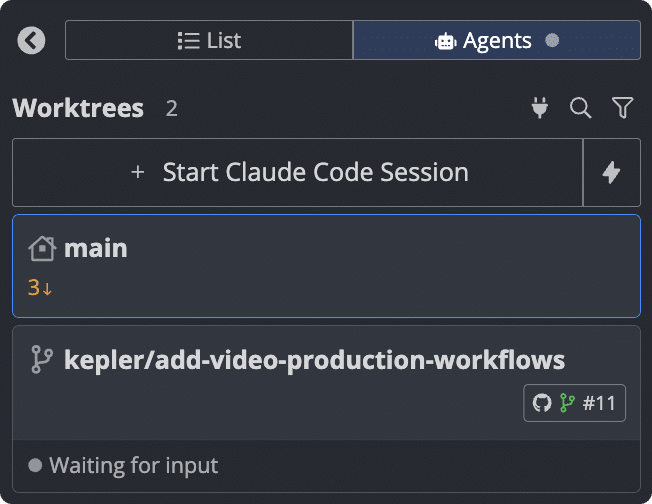 Agent Sessions View in GitKraken Desktop showing the Start Claude Code Session button with the adjacent lightning-bolt button, the plug icon in the Worktrees header, and two worktree cards, one waiting for input.