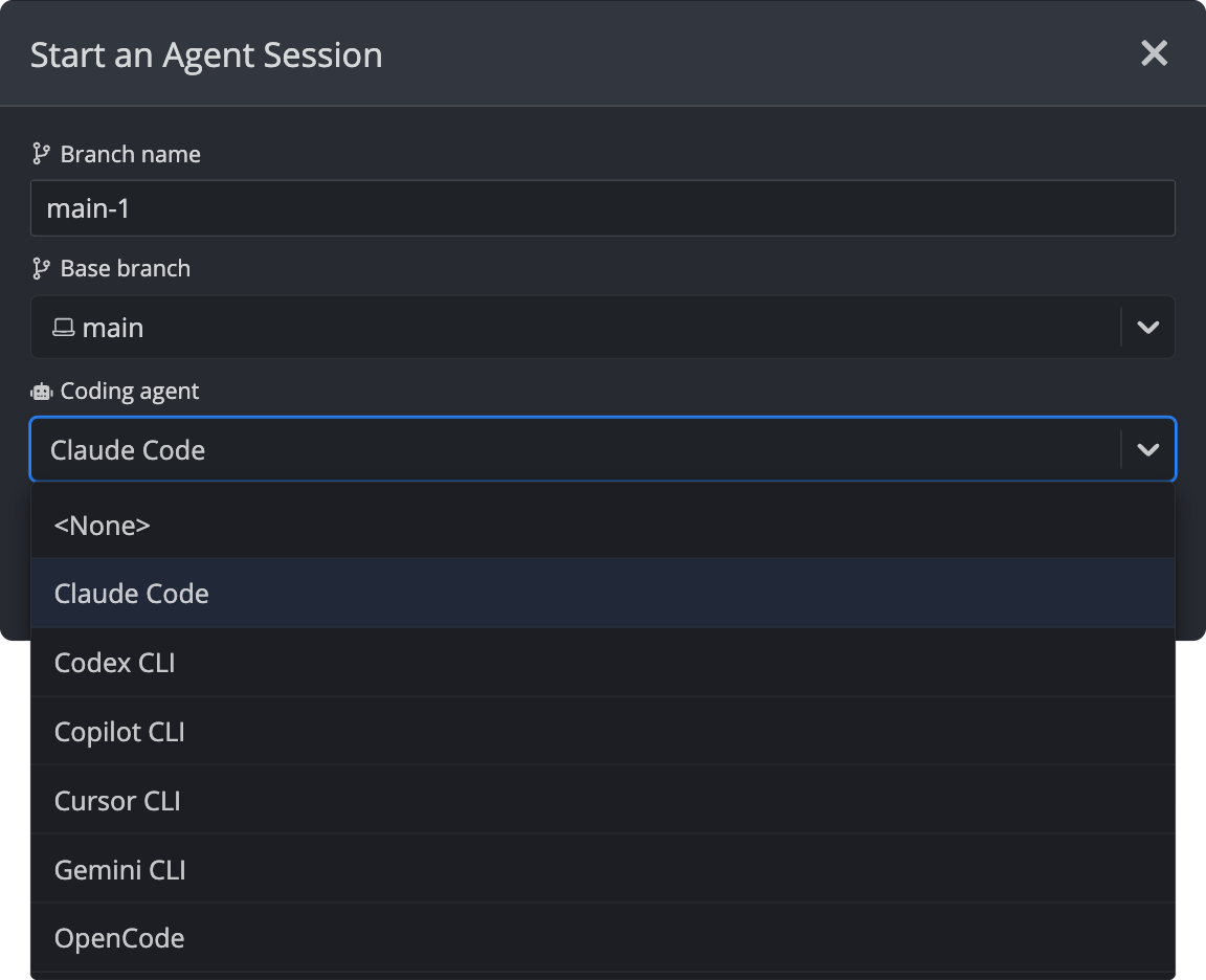 The Start an Agent Session modal in GitKraken Desktop showing a generated branch name, the Base branch selector set to main, and the Coding agent dropdown open with None, Claude Code, Codex CLI, Copilot CLI, Cursor CLI, Gemini CLI, and OpenCode.
