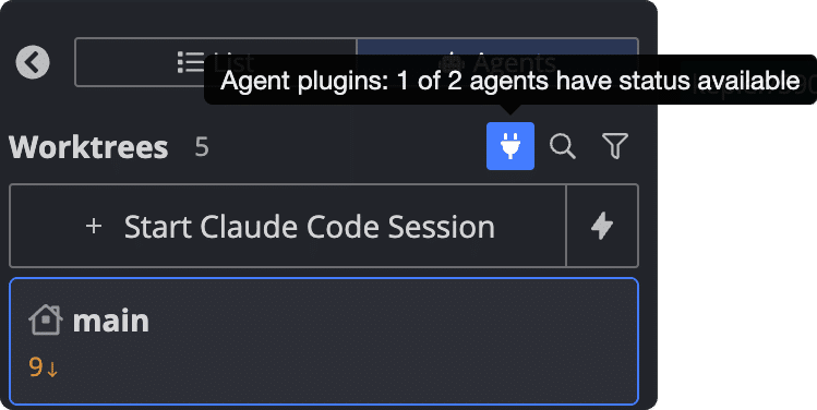 Agent Sessions View in GitKraken Desktop with the plug icon in the Worktrees header highlighted and its tooltip reading Agent plugins: 1 of 2 agents have status available.