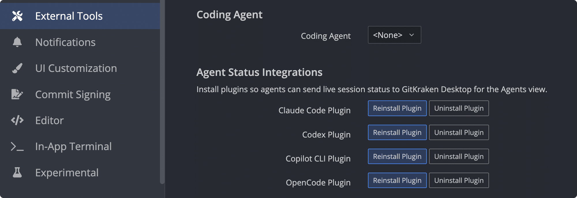 The External Tools tab in GitKraken Desktop Preferences showing the Coding Agent setting and the Agent Status Integrations section, with Reinstall Plugin and Uninstall Plugin buttons for the Claude Code, Codex, Copilot CLI, and OpenCode plugins.