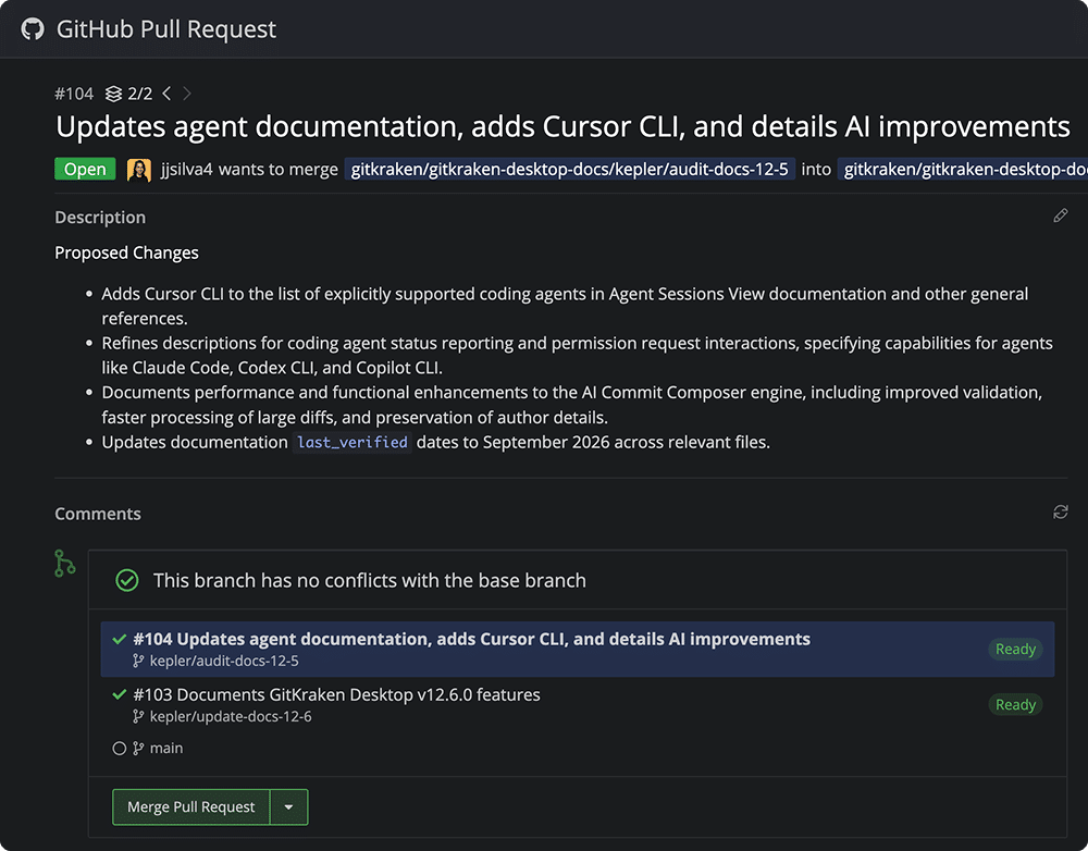 GitHub Pull Request View in GitKraken Desktop for pull request #104, showing its stack position 2/2 with previous and next arrows in the header, and a list of the stacked pull requests #104 and #103 above the main base branch and the Merge Pull Request button.