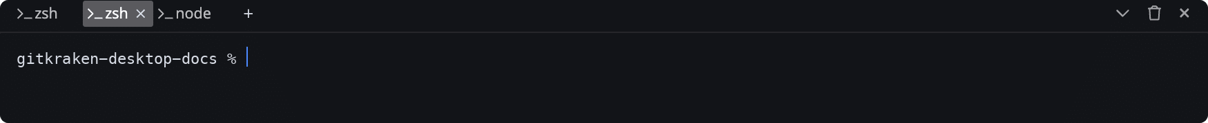 GitKraken Desktop terminal panel with three terminal tabs named zsh, zsh, and node, the selected tab showing a close button, and a plus button for opening another terminal.