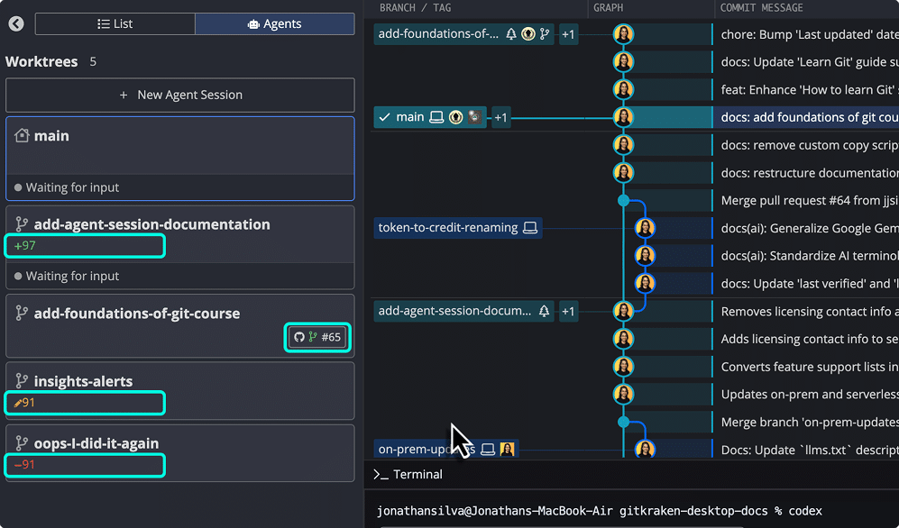 The Agents panel showing multiple worktree cards with WIP change counts, ahead/behind indicators, and agent status bars displaying various states including Waiting for input.