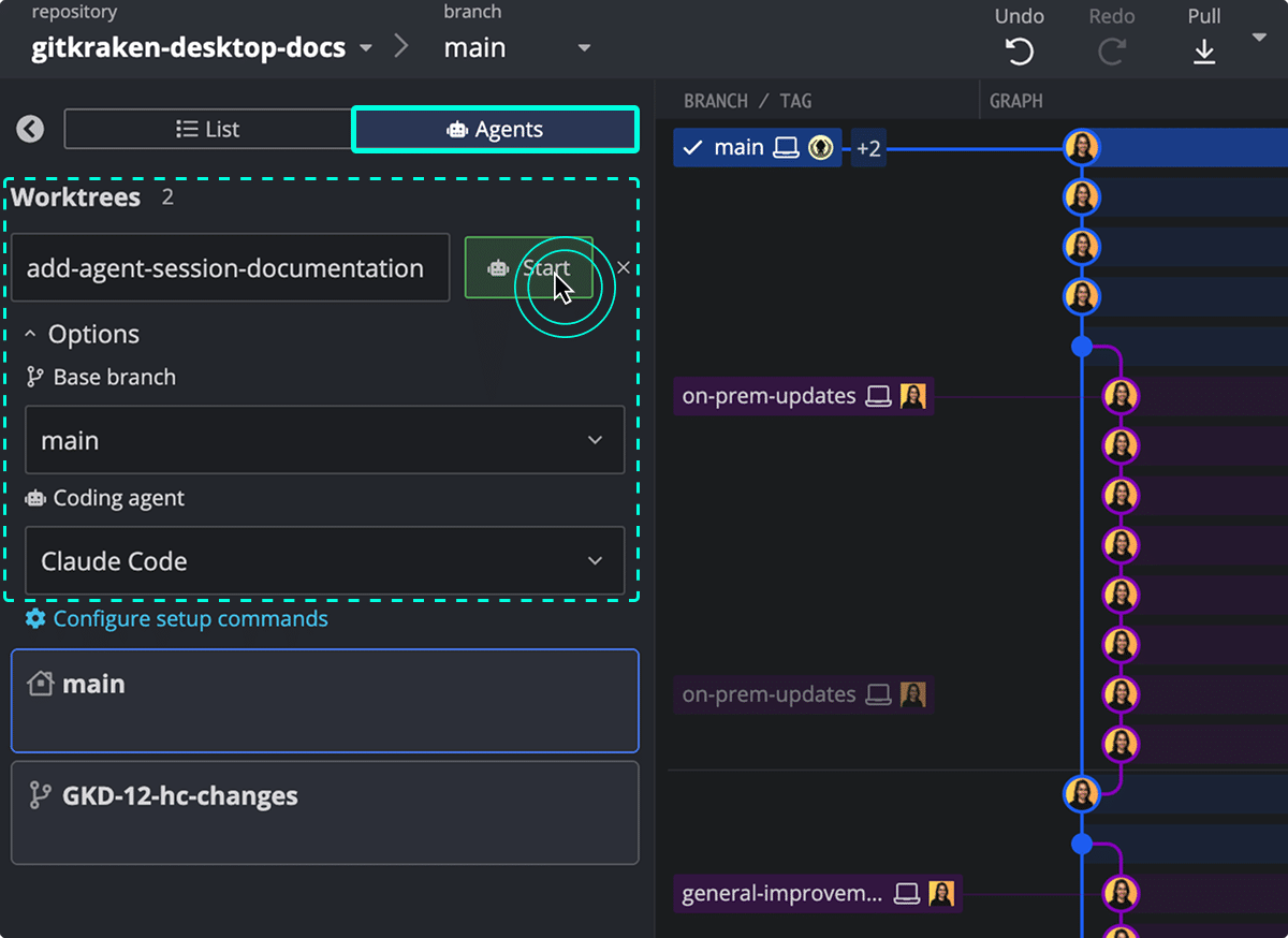 The Agents panel in GitKraken Desktop showing the New Agent Session form expanded at the top with a branch name input, Options section with Base branch and Coding agent dropdowns, and a Configure setup commands link.