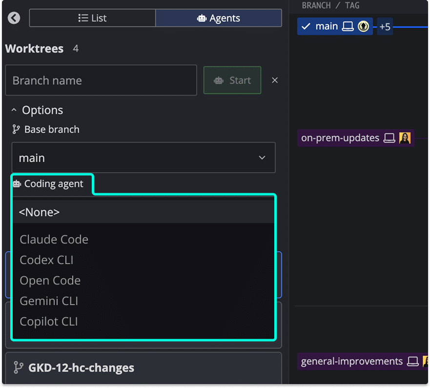 The expanded New Agent Session form showing the Coding agent dropdown open with available options including Claude Code, Codex CLI, Open Code, and Gemini CLI.