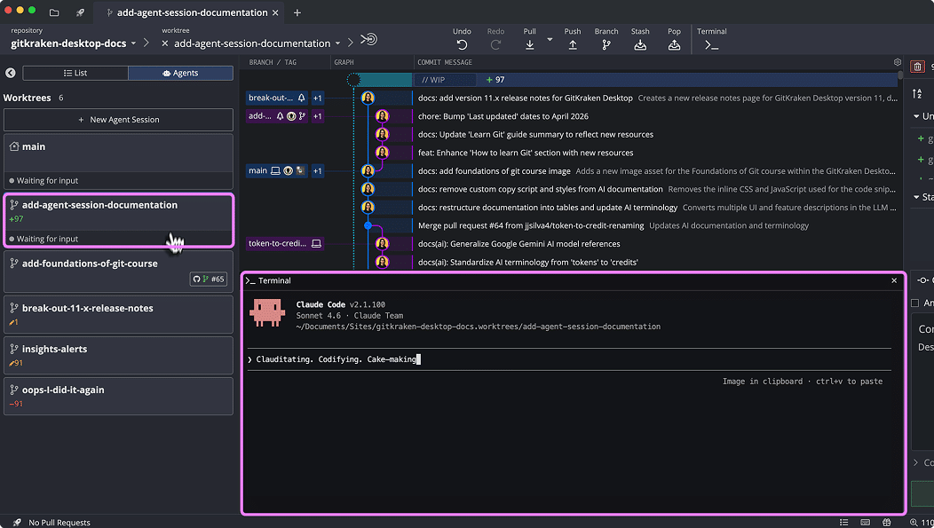 GitKraken Desktop with the Agents panel open in the left panel. The panel shows multiple agent session cards with status indicators alongside the commit graph and an active terminal session running a coding agent.
