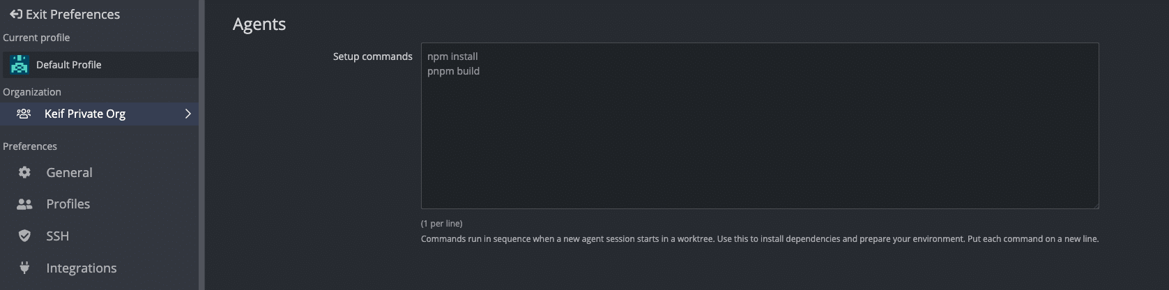 The Agents pane under Repo-Specific Preferences in GitKraken Desktop, showing a Setup commands text area with example commands, one per line, and helper text explaining that commands run in sequence when a new agent session starts.