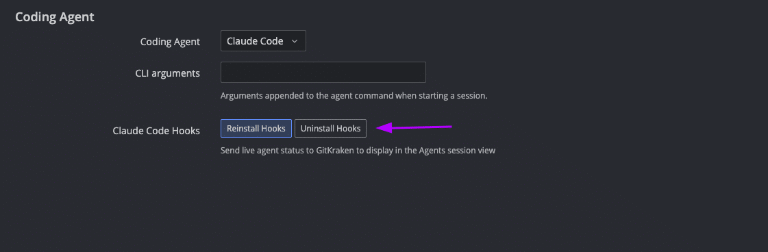 How to uninstall Claude Code agent status hooks in the GitKraken UI.