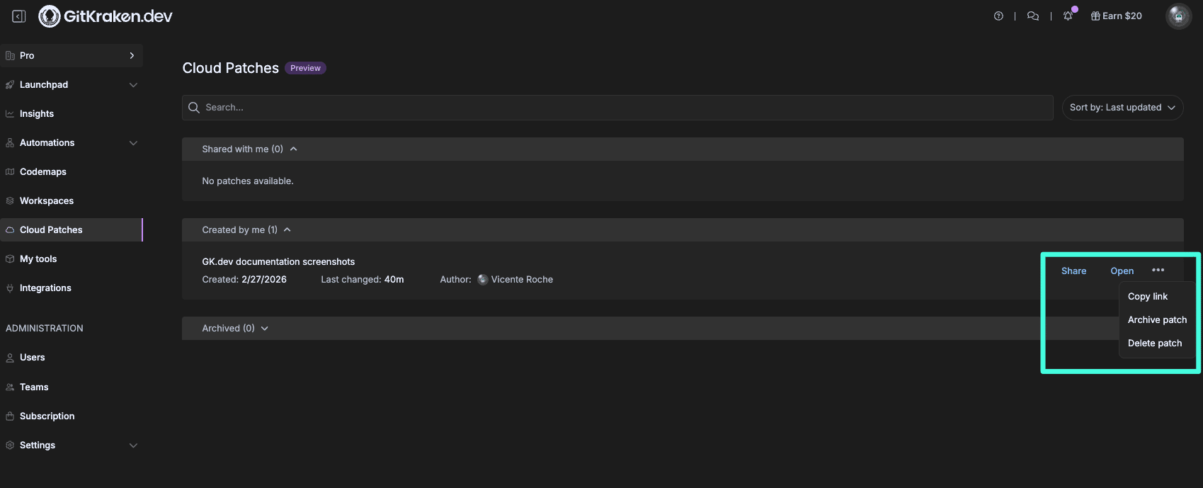 List of cloud patches in GitKraken.dev