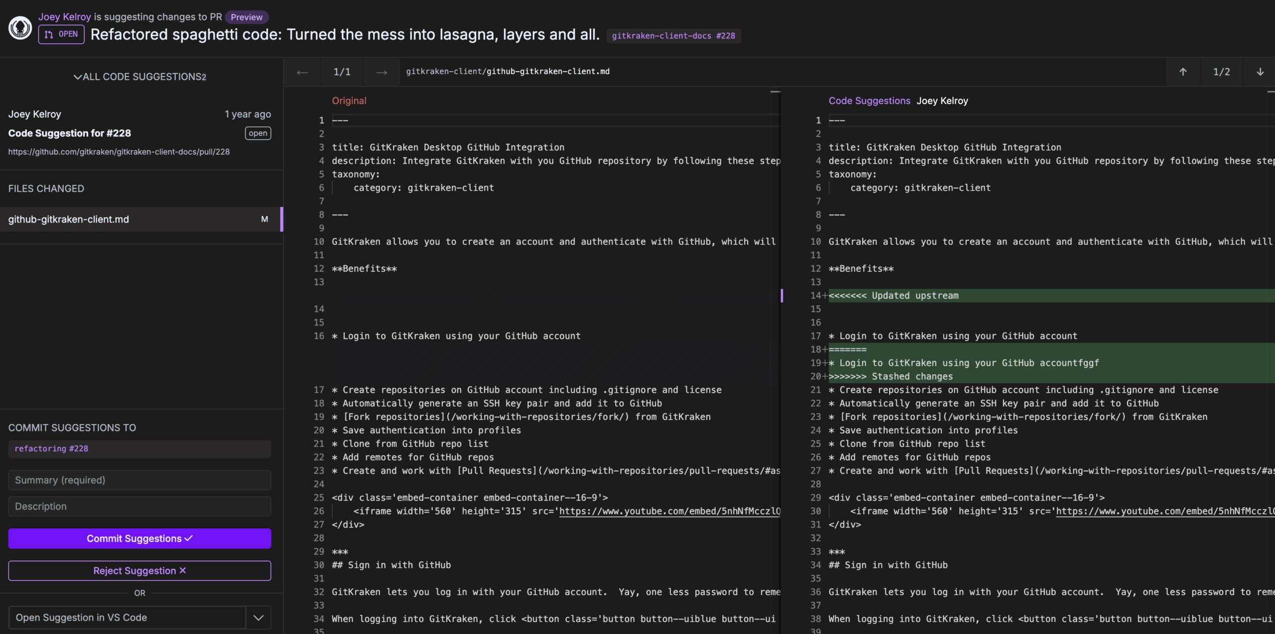 Suggesting code changes within a pull request