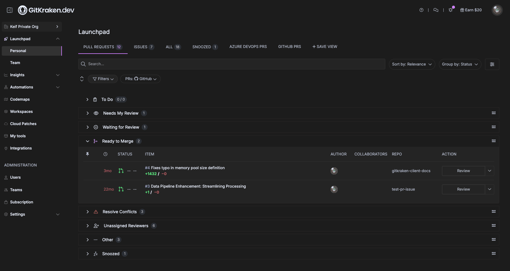 GitKraken.dev dashboard overview