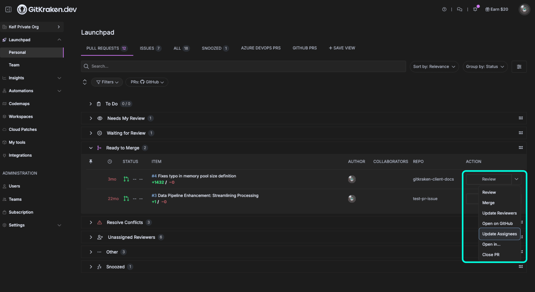 Launchpad action options for PRs and issues