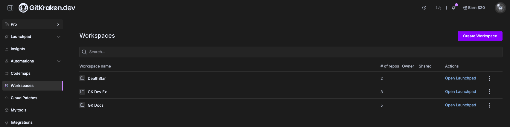 Workspace list showing multiple repo groups
