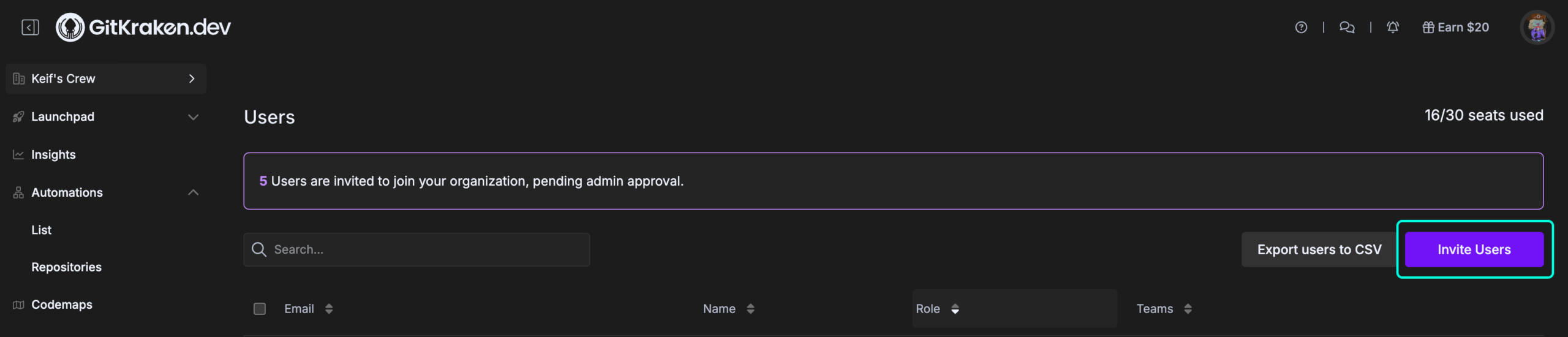 User invite screen in GitKraken