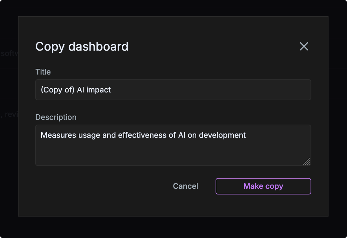 Copy dashboard dialog showing title and description fields