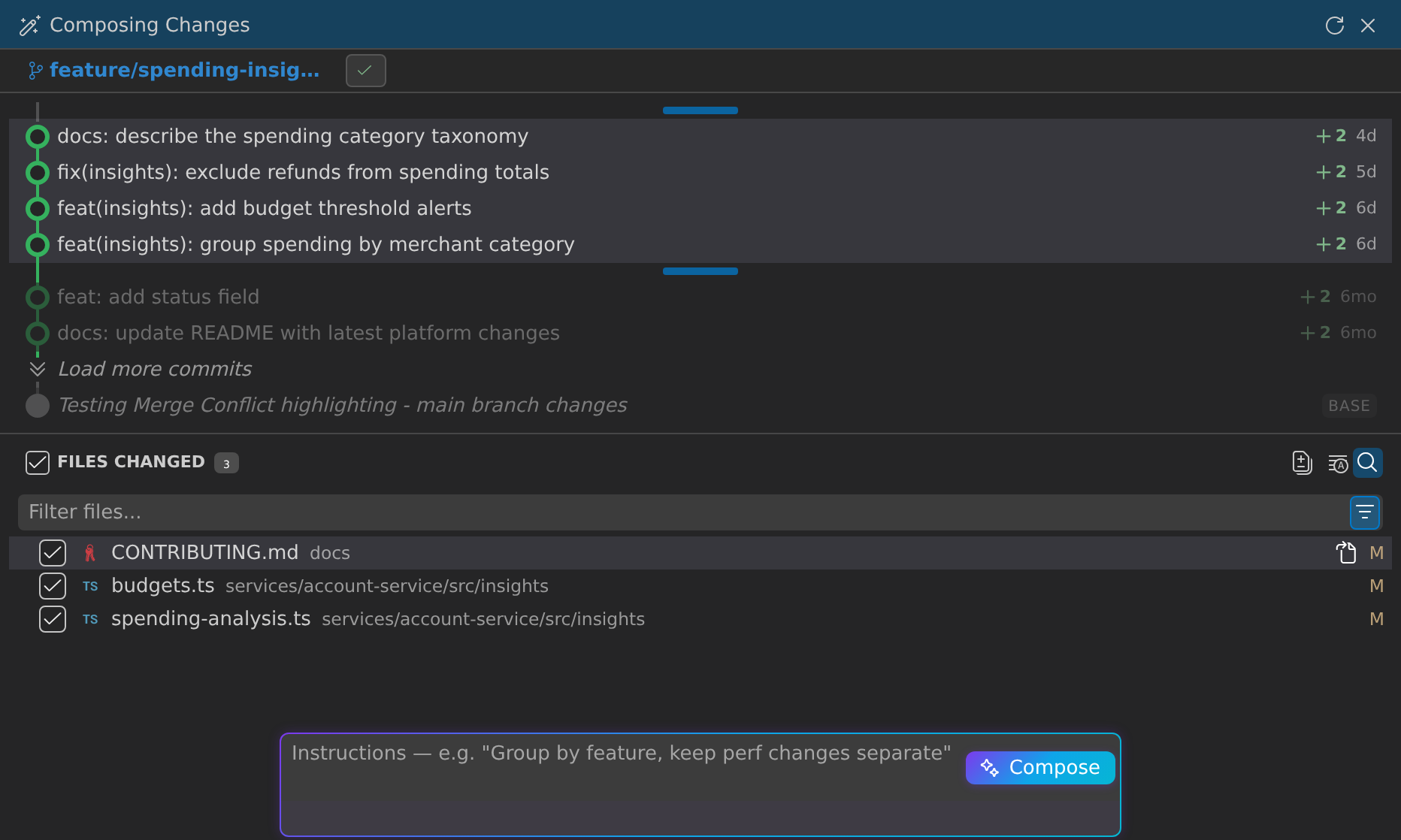The Commit Composer opened for the feature/spending-insights branch: its four commits sit in the scope list with drag handles, main's commits are dimmed beneath them above the base, the three changed files are listed, and the Instructions box with the Compose button waits at the bottom
