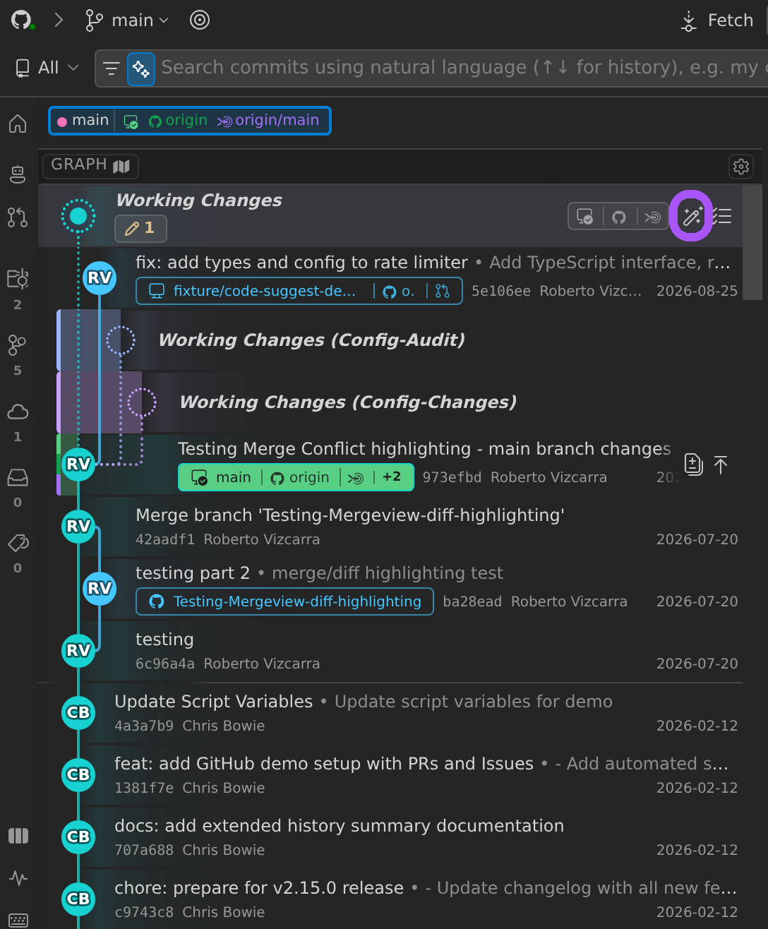 The Working Changes row at the top of the Commit Graph with its row actions at the right: the wand button that opens Commit Composer for all working directory changes is ringed