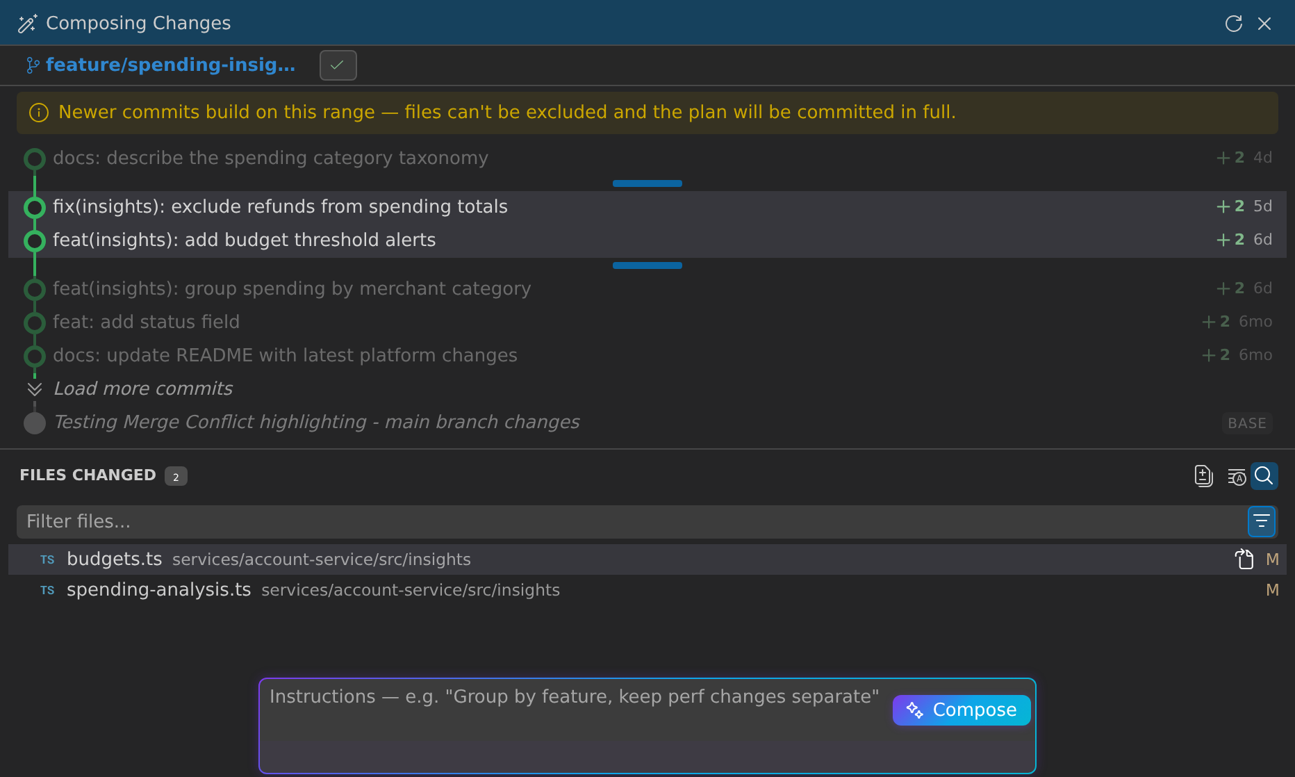 The Commit Composer scoped to two selected commits of the feature/spending-insights branch — "fix(insights): exclude refunds from spending totals" and "feat(insights): add budget threshold alerts" — shown in the scope list with drag handles while the branch's other commits are dimmed, above the changed files and the Compose instructions box