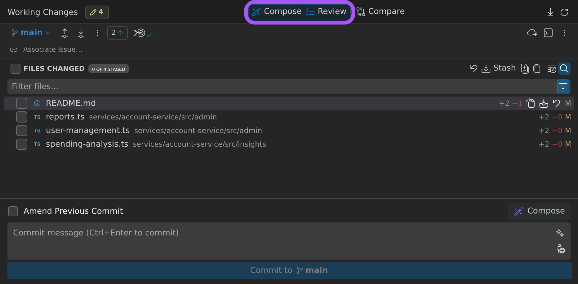 The Commit Graph's Working Changes details panel with the Compose and Review mode chips ringed in its header, above the branch row, the four changed files and the commit-message box