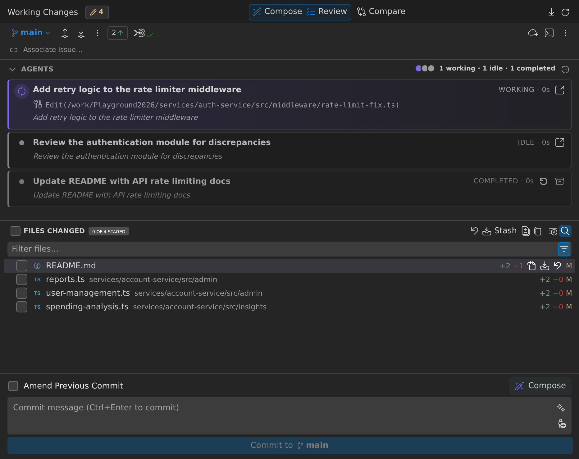 The Working Changes details panel with its Agents section expanded: three Claude Code session cards — "Add retry logic to the rate limiter middleware" marked Working with the file it is editing, "Review the authentication module for discrepancies" marked Idle, and "Update README with API rate limiting docs" marked Completed — above the changed files and the commit box