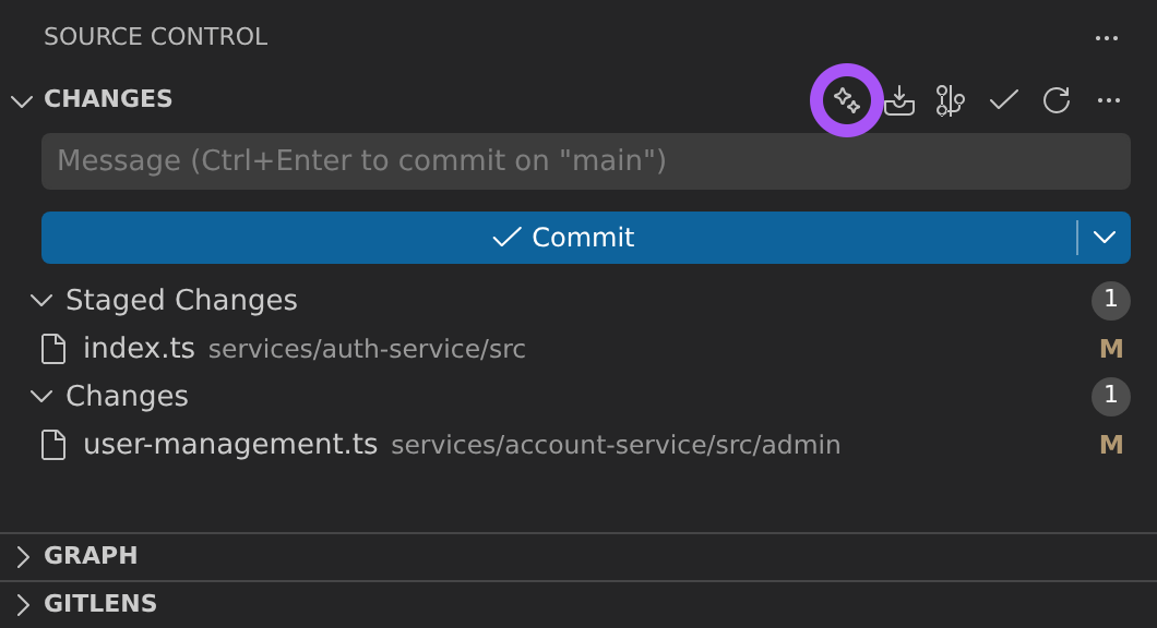 The Source Control view with a staged file and an empty commit message box; GitLens's sparkle button in the Changes header — the way to generate the commit message with AI — is ringed