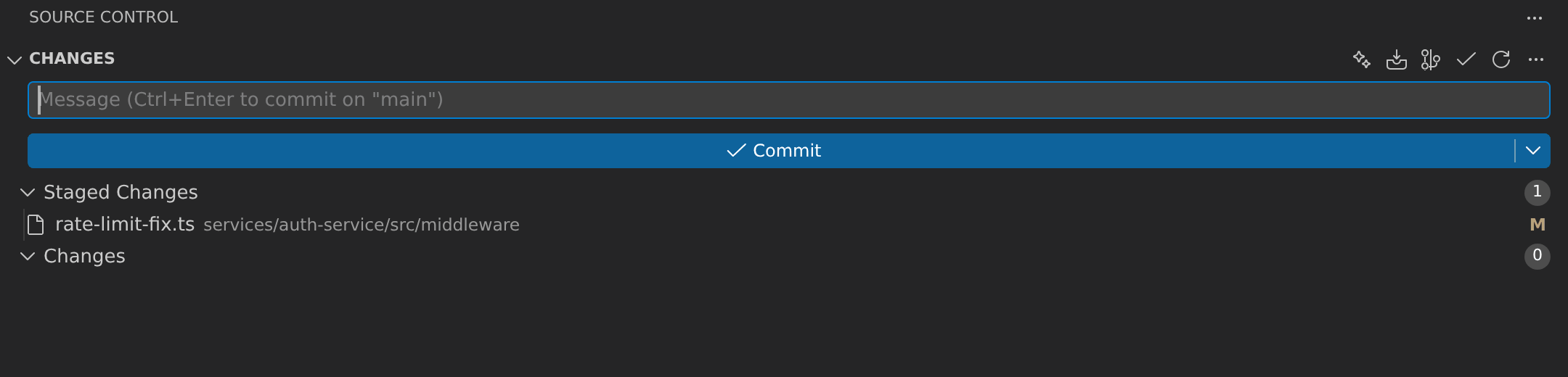 The Source Control view with a staged file: the empty commit message box, then an AI-generated commit message appearing in it