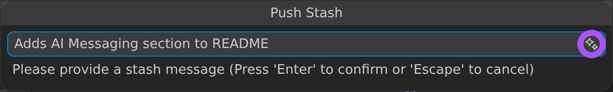 Push Stash QuickPick with an AI-generated stash message filled into the message input by GitKraken AI
