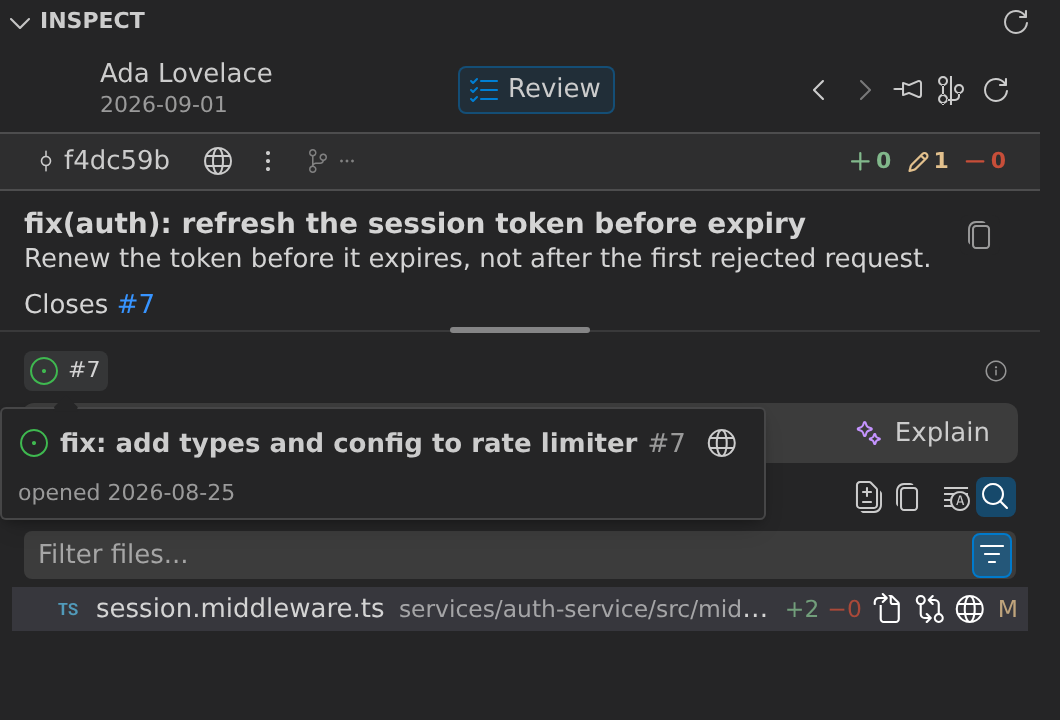 Commit details in the GitLens Inspect view for a commit whose message ends in "Closes #7": the #7 reference is a link, and the Autolinks section below the message shows the #7 chip with its hover popover naming the open pull request "fix: add types and config to rate limiter"