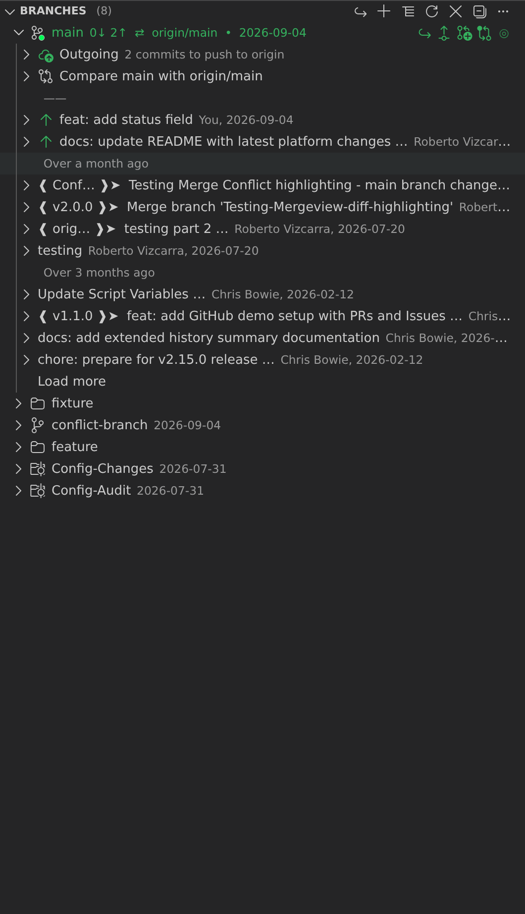 GitLens Branches view showing local branches with upstream status indicators, commit history, and branch comparison tools